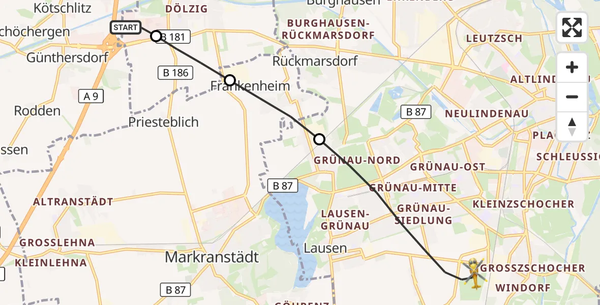 Flugroute Rettungshubschrauber ADAC Air Rescue Station Leipzig/Schkeuditz-Dölzig Hubschrauberlandeplatz (Christoph 61) - Leipzig, 21 Juni 2026, 18:19