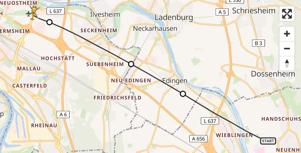Flugroute Rettungshubschrauber Heidelberg - Mannheim-City Flughafen, 21 Juni 2026, 18:26
