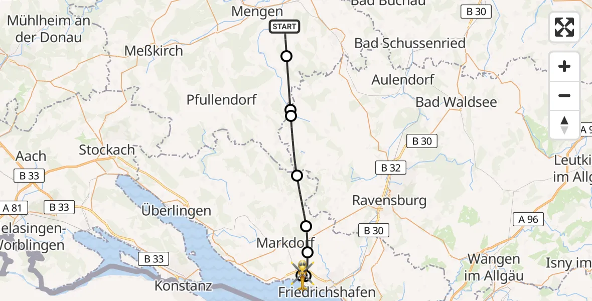 Flugroute Rettungshubschrauber Hohentengen - Friedrichshafen Hospital, 21 Juni 2026, 18:29