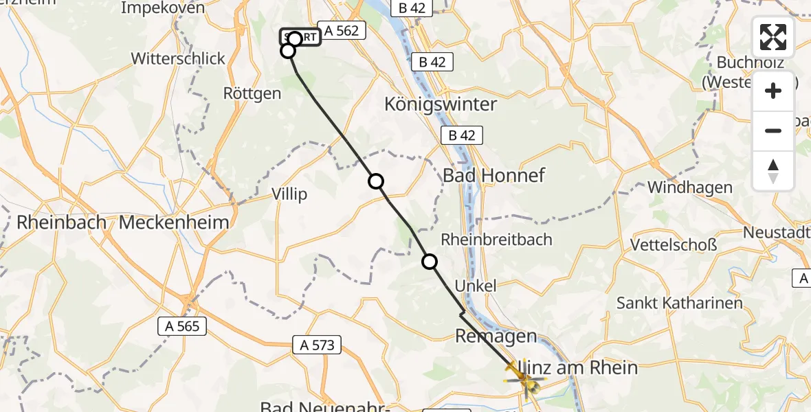 Flugroute Ambulanzhubschrauber Bonn University Hospital - Remagen, 21 Juni 2026, 18:34