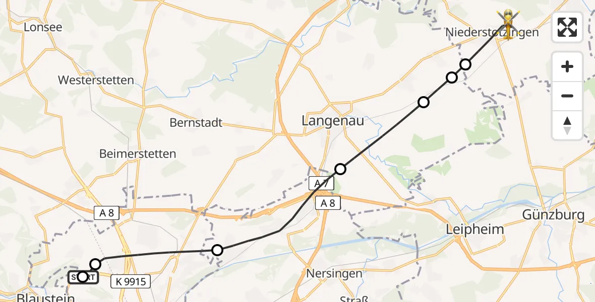 Flugroute Rettungshubschrauber Ulm Military Hospital Emergency - Niederstotzingen, 21 Juni 2026, 18:38