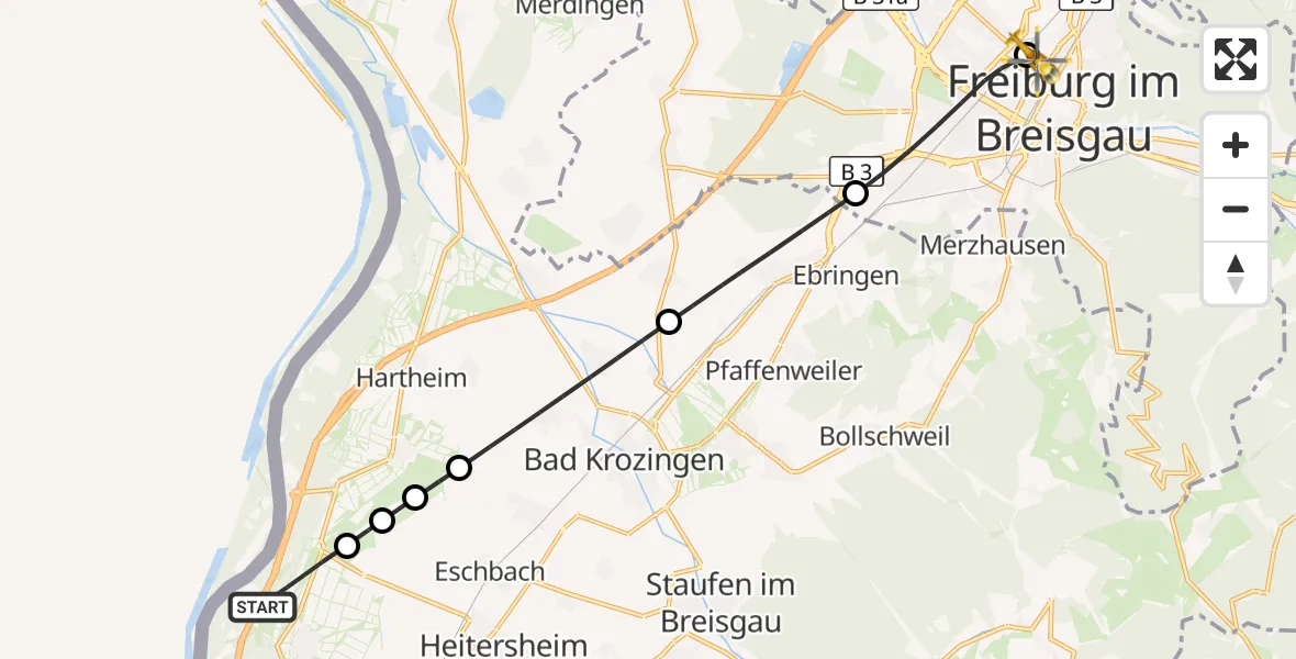 Flugroute Ambulanzhubschrauber Neuenburg am Rhein - Freiburg University Hospital Heliport 1, 21 Juni 2026, 18:38