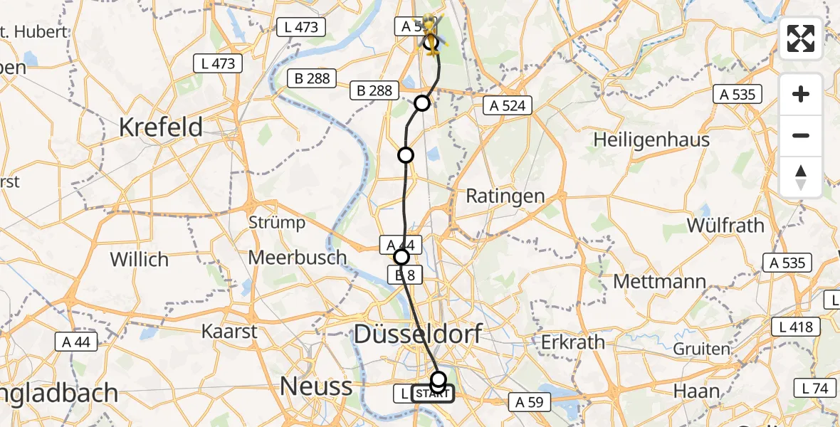 Flugroute Rettungshubschrauber Düsseldorf University Hospital - Duisburg Air Rescue Hubschrauberlandeplatz (Christoph 9), 21 Juni 2026, 18:39