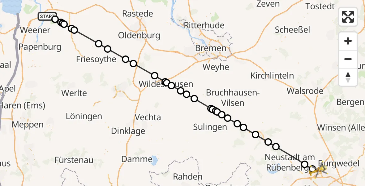 Flugroute Rettungshubschrauber Leer (Ostfriesland) - Flughafen Hannover, 21 Juni 2026, 18:42