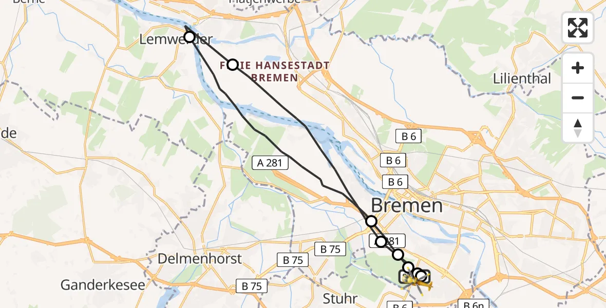 Flugroute Rettungshubschrauber ADAC Air Rescue Station Bremen Hubschrauberlandeplatz (Christoph 6) - ADAC Air Rescue Station Bremen Hubschrauberlandeplatz (Christoph 6), 21 Juni 2026, 18:52