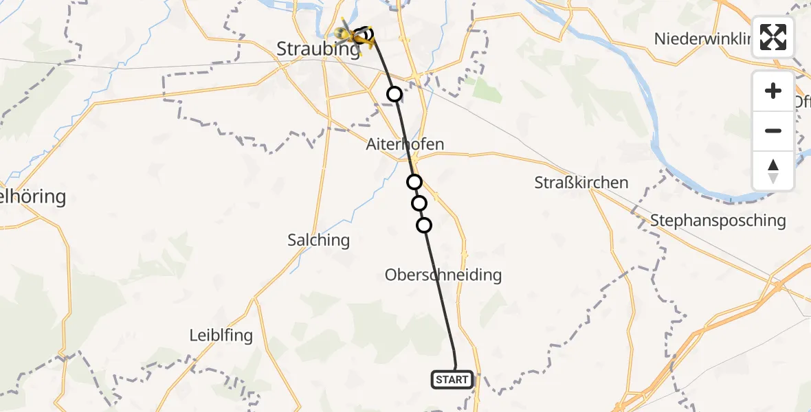 Flugroute Rettungshubschrauber Oberschneiding - Sankt Elisabeth Hospital Straubing, 21 Juni 2026, 18:55