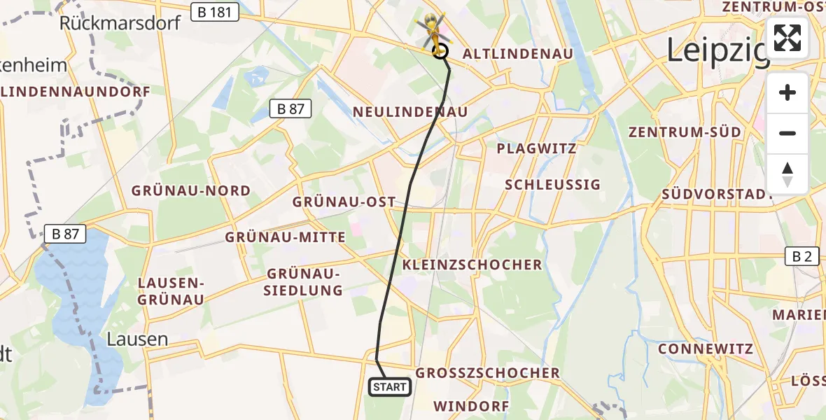 Flugroute Rettungshubschrauber Leipzig - Evangelical Deaconess Hospital Leipzig, 21 Juni 2026, 19:03