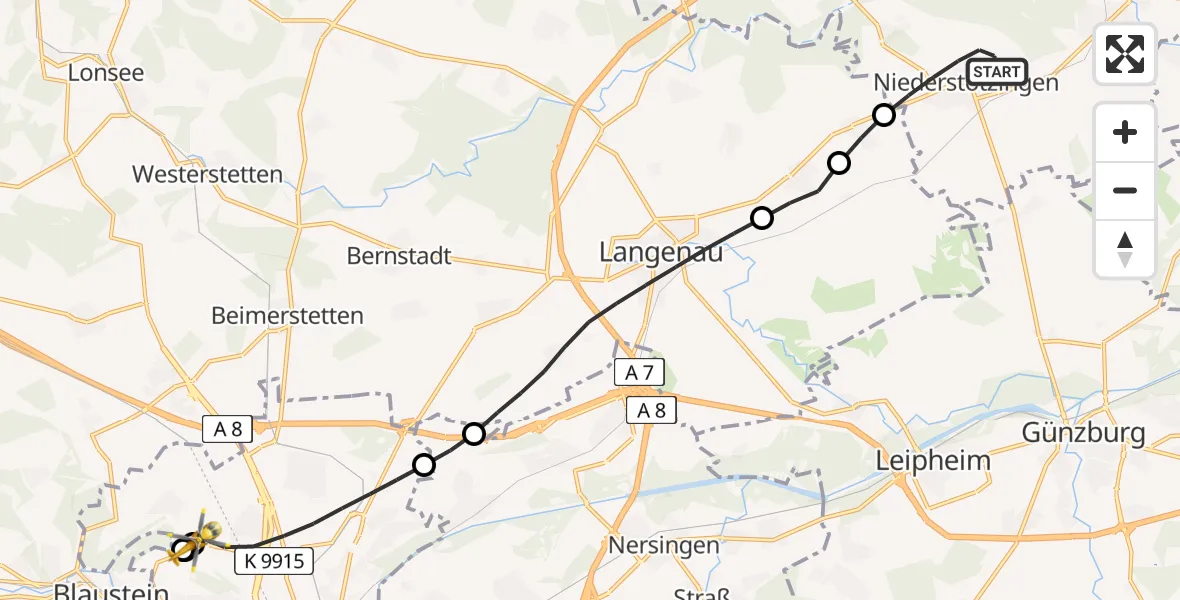 Flugroute Rettungshubschrauber Niederstotzingen - ADAC Air Rescue Station Ulm (Christoph 22), 21 Juni 2026, 19:11