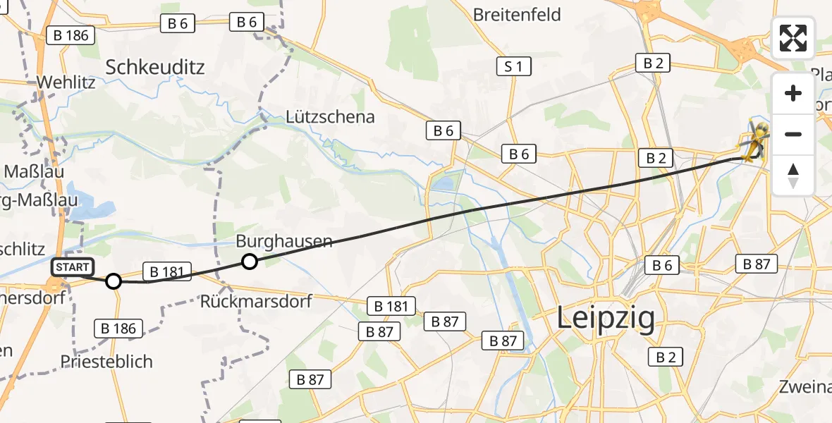 Flugroute Rettungshubschrauber ADAC Air Rescue Station Leipzig/Schkeuditz-Dölzig Hubschrauberlandeplatz (Christoph 61) - Leipzig, 21 Juni 2026, 19:13