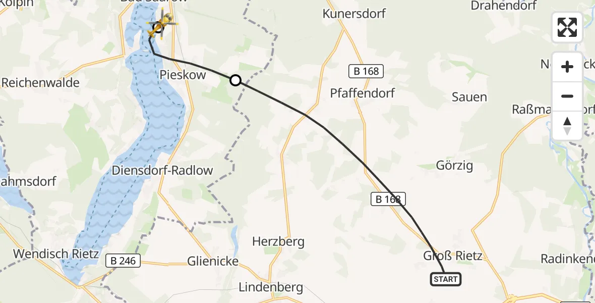 Flugroute Rettungshubschrauber Rietz-Neuendorf - Bad Saarow Hospital, 21 Juni 2026, 19:23