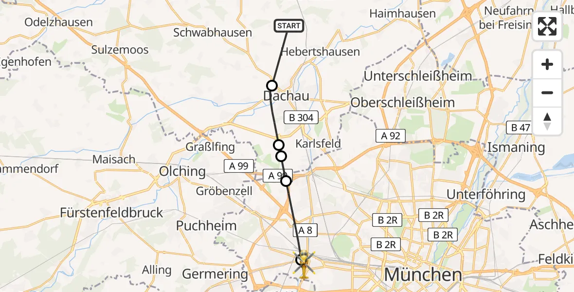 Flugroute Rettungshubschrauber Röhrmoos - Helios Clinic Munich West, 21 Juni 2026, 19:27