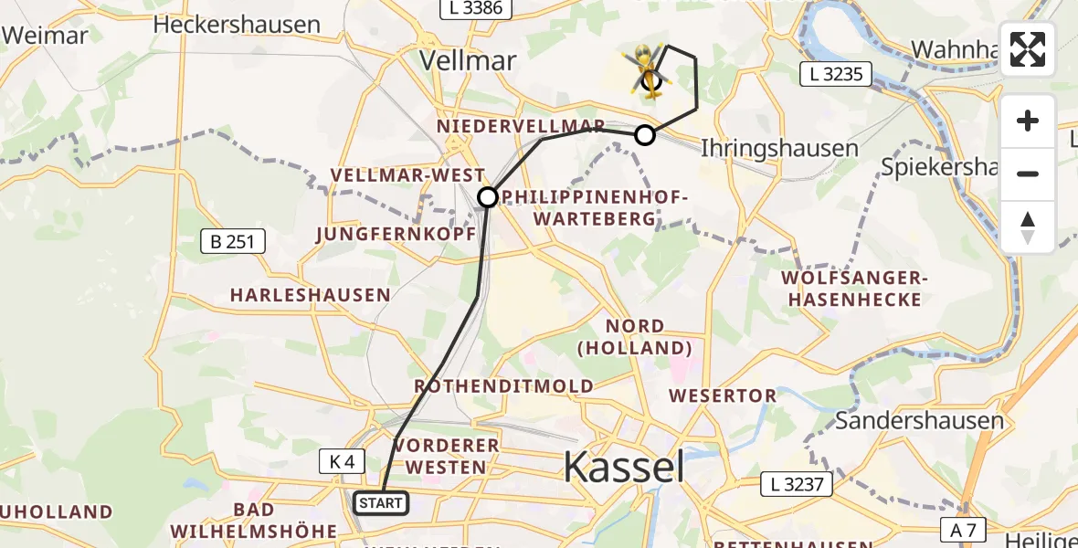 Flugroute Rettungshubschrauber Kassel - Fuldatal Bundespolizei Hubschrauberlandeplatz, 21 Juni 2026, 19:32