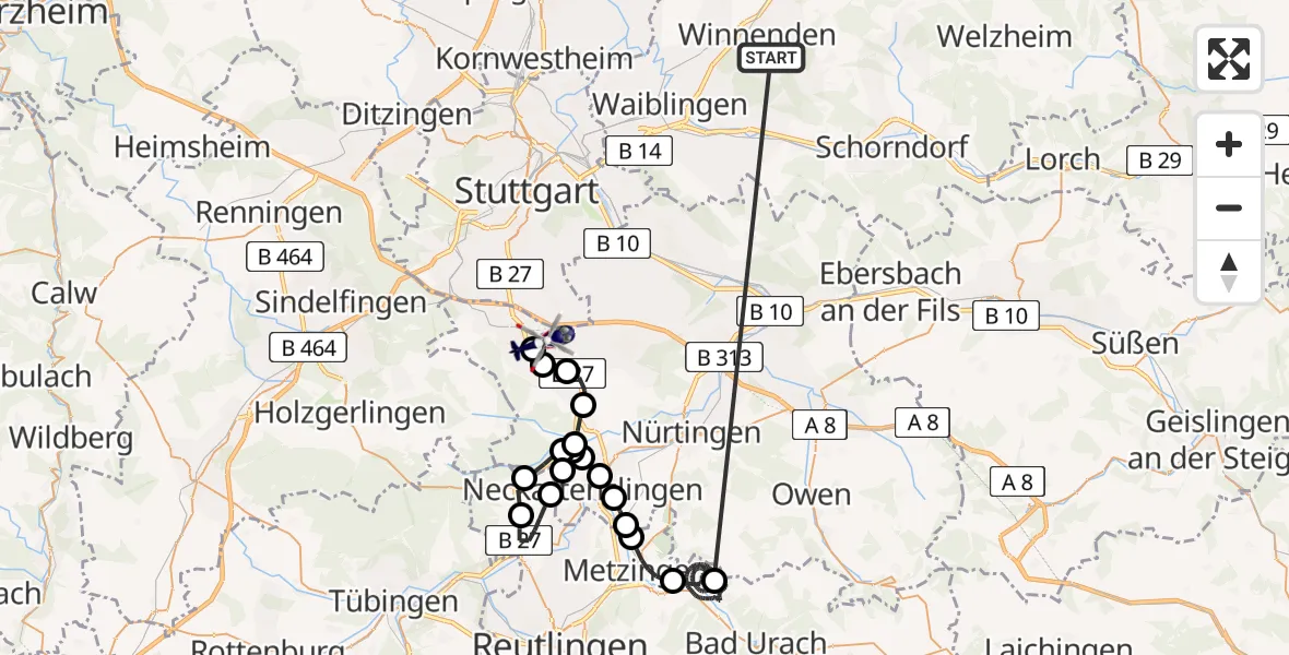 Flugroute Polizeihubschrauber Winnenden - Flughafen Stuttgart, 21 Juni 2026, 19:35