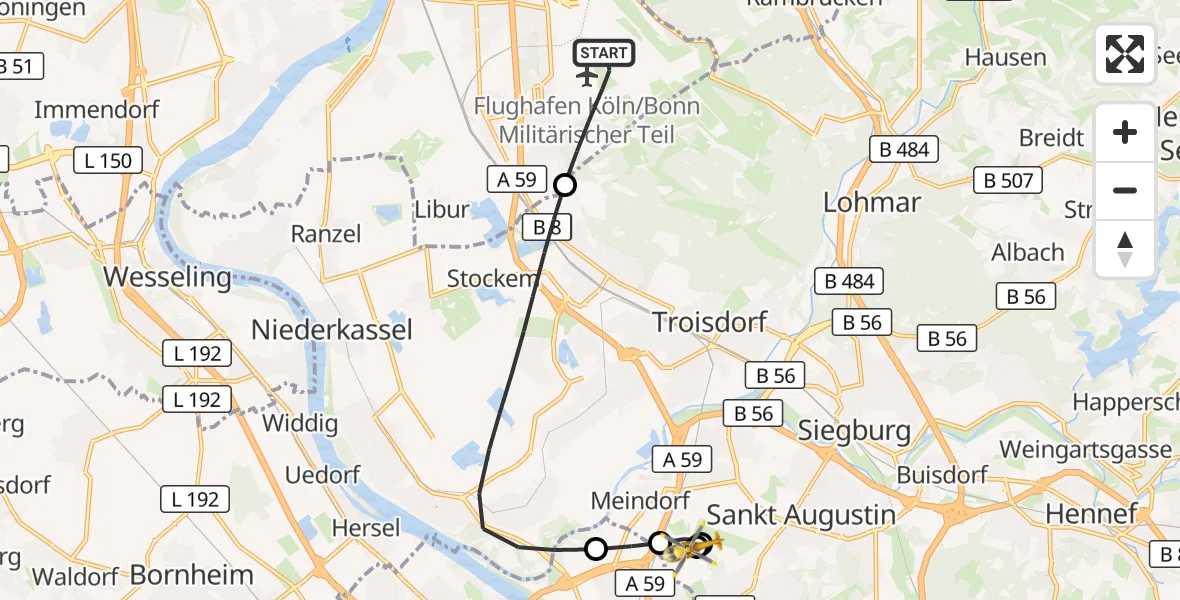 Flugroute Rettungshubschrauber Köln Bonn Flughafen - Sankt Augustin, 21 Juni 2026, 19:35