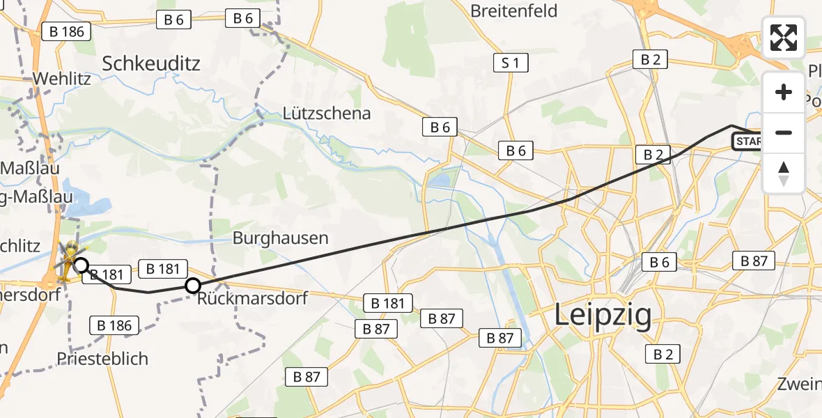 Flugroute Rettungshubschrauber Leipzig - ADAC Air Rescue Station Leipzig/Schkeuditz-Dölzig Hubschrauberlandeplatz (Christoph 61), 21 Juni 2026, 19:43