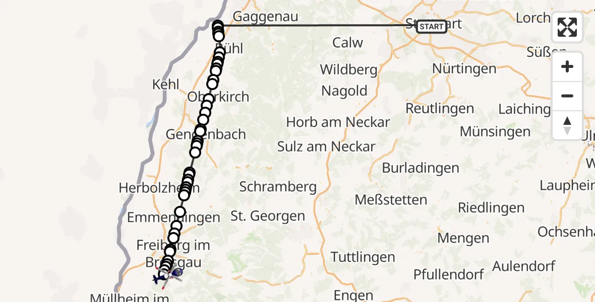 Flugroute Polizeihubschrauber Stuttgart - Bollschweil, 21 Juni 2026, 19:50