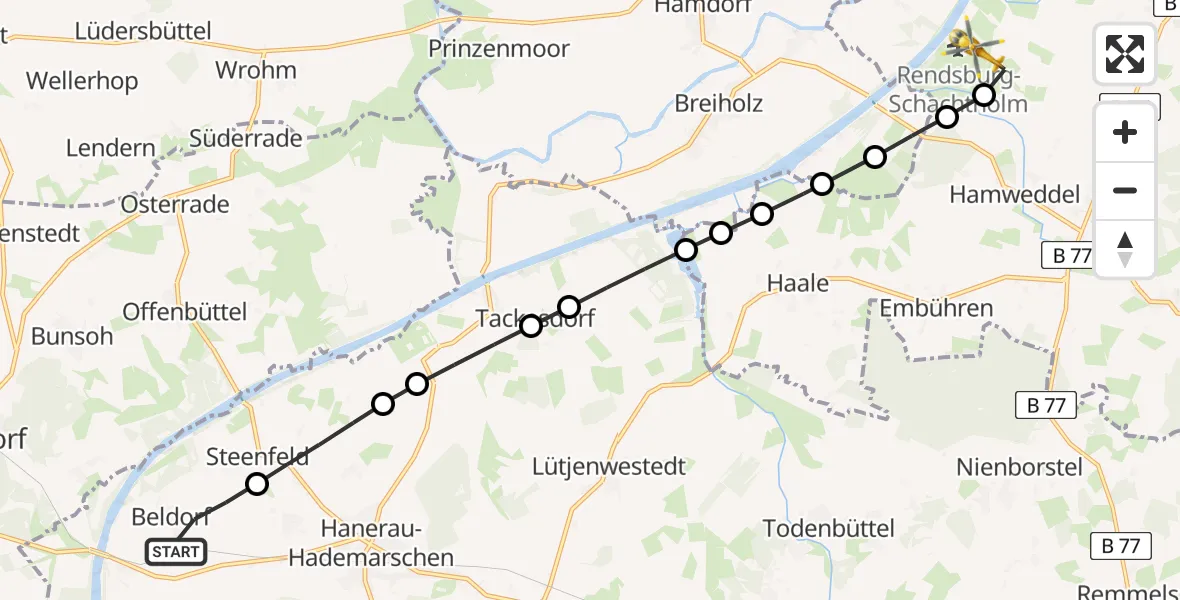 Flugroute Ambulanzhubschrauber Beldorf - Rendsburg-Schachtholm Flugplatz, 21 Juni 2026, 19:50