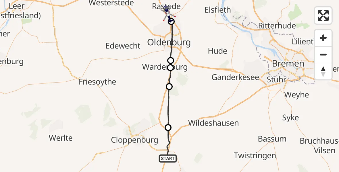Flugroute Polizeihubschrauber Emstek - Rastede, 21 Juni 2026, 19:50