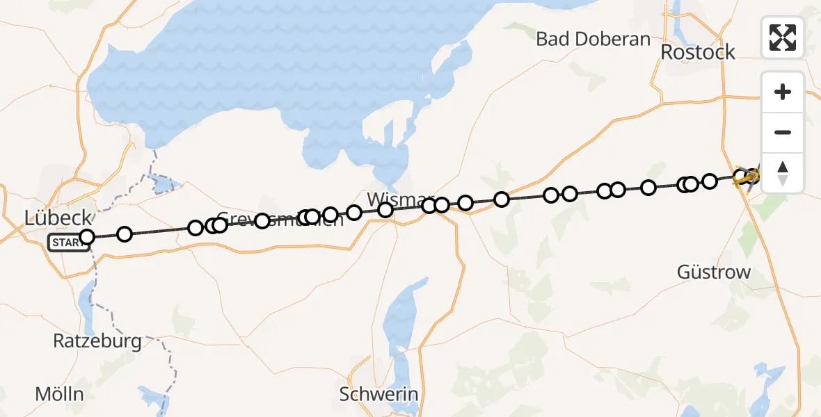Flugroute Rettungshubschrauber Lübeck - Flughafen Rostock-Laage, 21 Juni 2026, 20:03