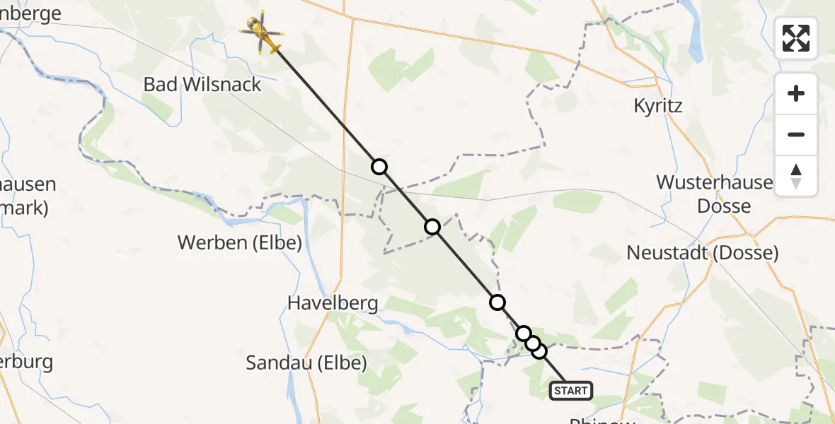 Flugroute Rettungshubschrauber Rhinow - Bad Wilsnack, 21 Juni 2026, 20:11