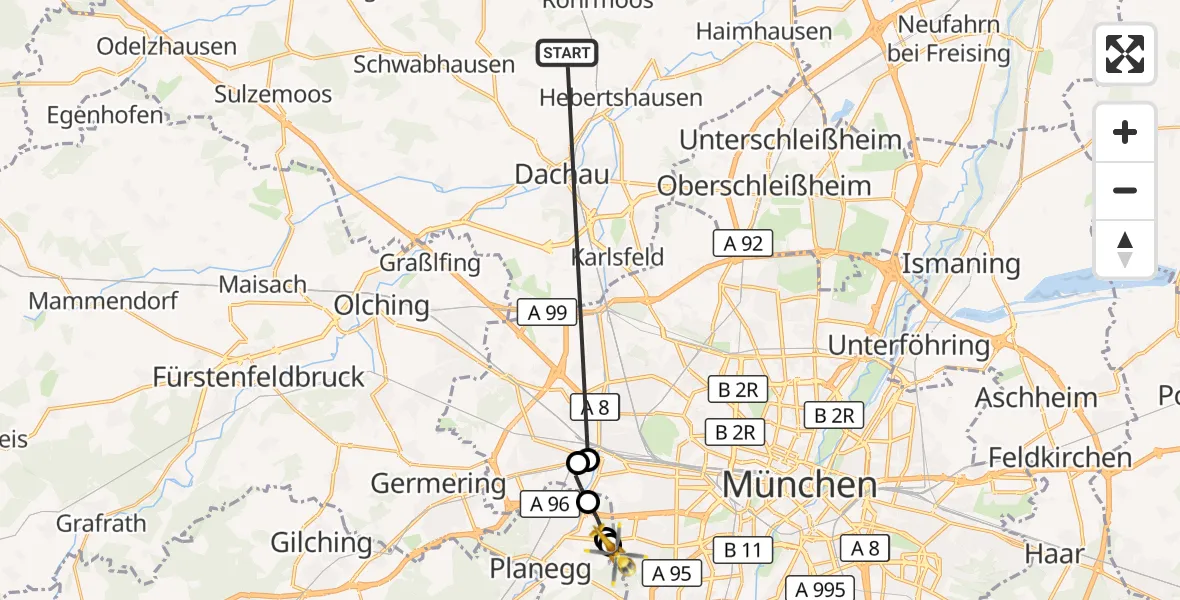 Flugroute Rettungshubschrauber Röhrmoos - DRF Air Rescue München Hubschrauberlandeplatz, 21 Juni 2026, 20:22