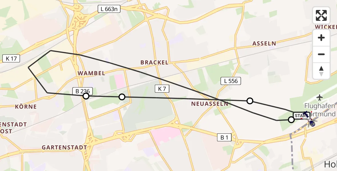 Flugroute Polizeihubschrauber Dortmund Flughafen - Dortmund Flughafen, 21 Juni 2026, 20:30