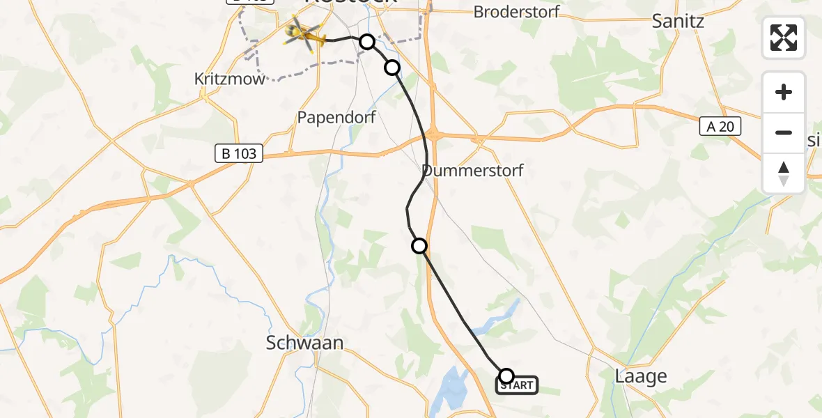 Flugroute Rettungshubschrauber Flughafen Rostock-Laage - Rostock, 21 Juni 2026, 20:50