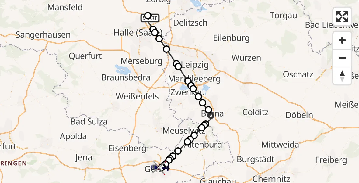 Flugroute Polizeihubschrauber Halle-Oppin Flugplatz - Gera-Leumnitz Flugplatz, 21 Juni 2026, 21:01