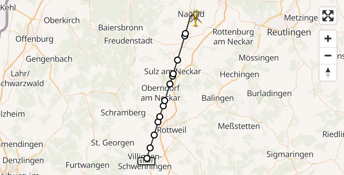 Flugroute Ambulanzhubschrauber DRF Air Rescue Station Villingen-Schwenningen Hubschrauberlandeplatz (Christoph 11) - Nagold, 21 Juni 2026, 21:06