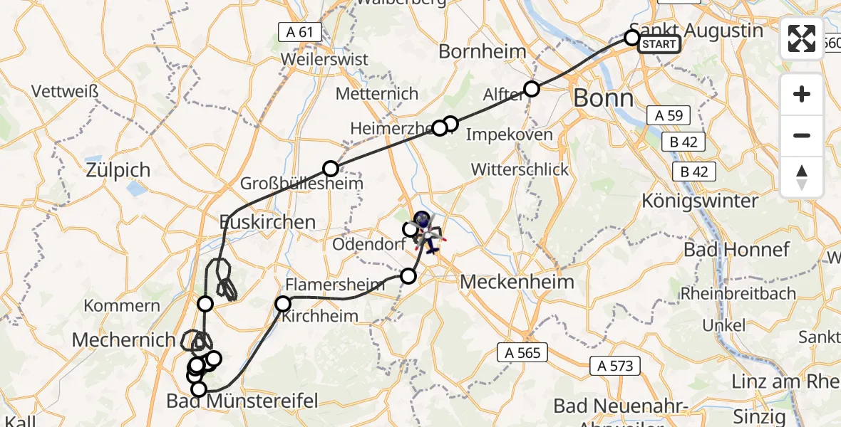 Flugroute Polizeihubschrauber Sankt Augustin - Rheinbach, 21 Juni 2026, 21:09