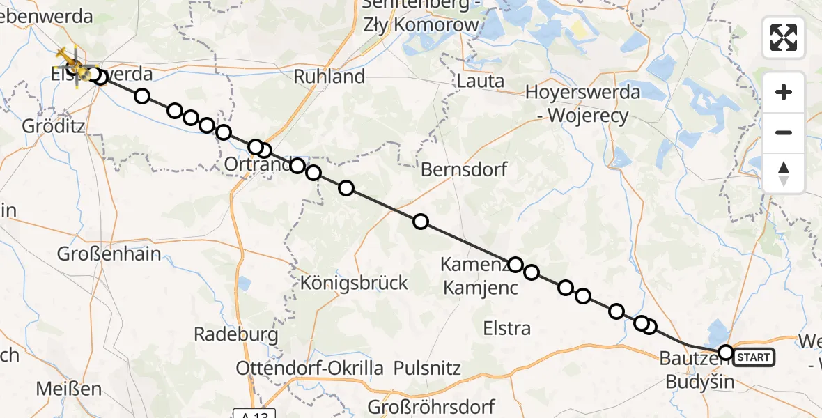 Flugroute Rettungshubschrauber Kubschütz - Röderland, 21 Juni 2026, 21:26