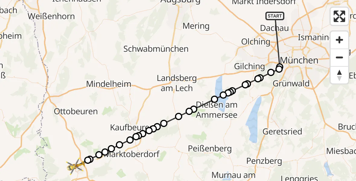 Flugroute Rettungshubschrauber Röhrmoos - Kempten (Allgäu), 21 Juni 2026, 21:51