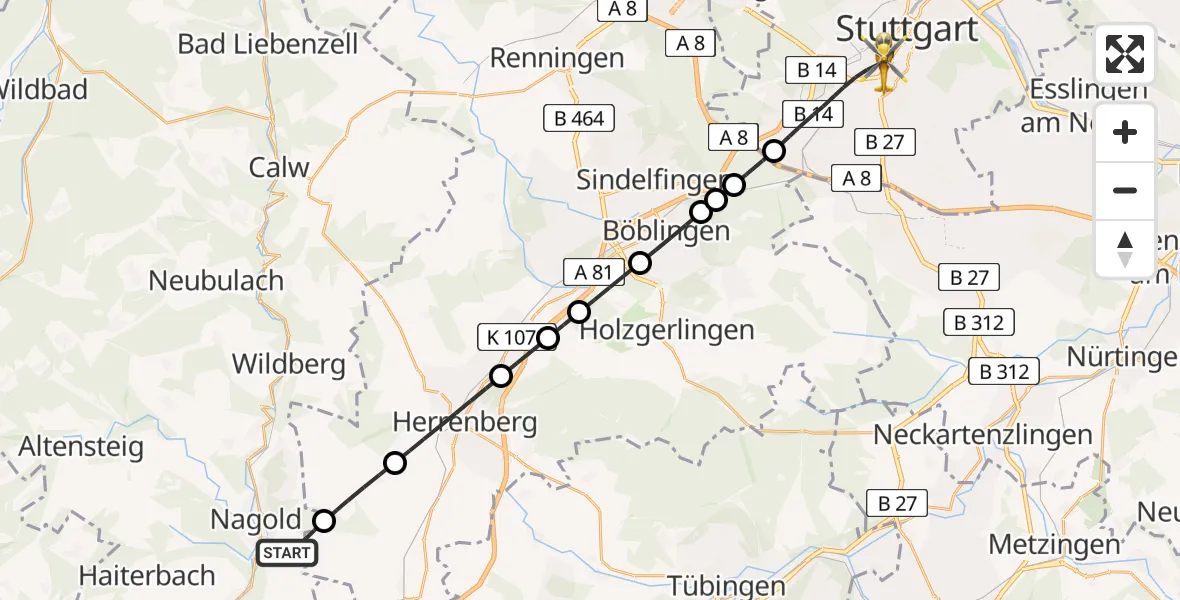 Flugroute Ambulanzhubschrauber Nagold - Stuttgart, 21 Juni 2026, 21:51