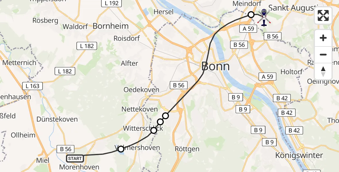 Flugroute Polizeihubschrauber Swisttal - Sankt Augustin, 21 Juni 2026, 21:58