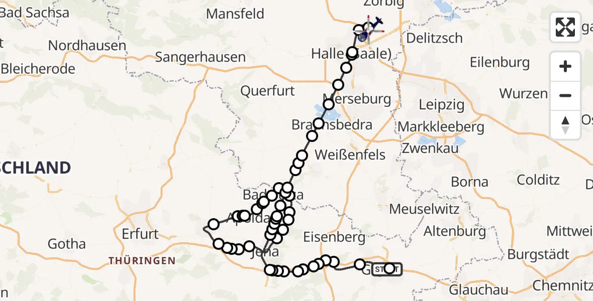 Flugroute Polizeihubschrauber Gera-Leumnitz Flugplatz - Halle-Oppin Flugplatz, 21 Juni 2026, 22:02