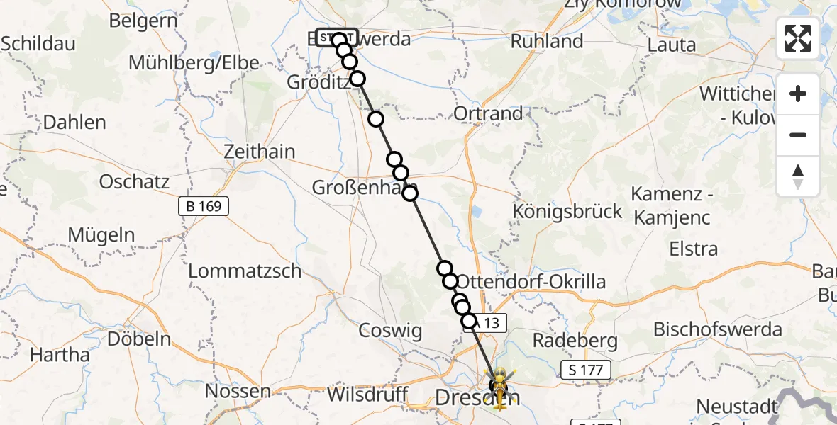 Flugroute Rettungshubschrauber Elsterwerda - Dresden University Hospital, 21 Juni 2026, 22:14