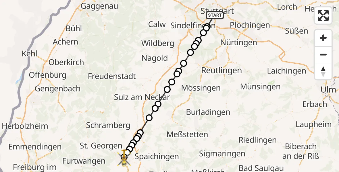 Flugroute Ambulanzhubschrauber Stuttgart - DRF Air Rescue Station Villingen-Schwenningen Hubschrauberlandeplatz (Christoph 11), 21 Juni 2026, 22:29