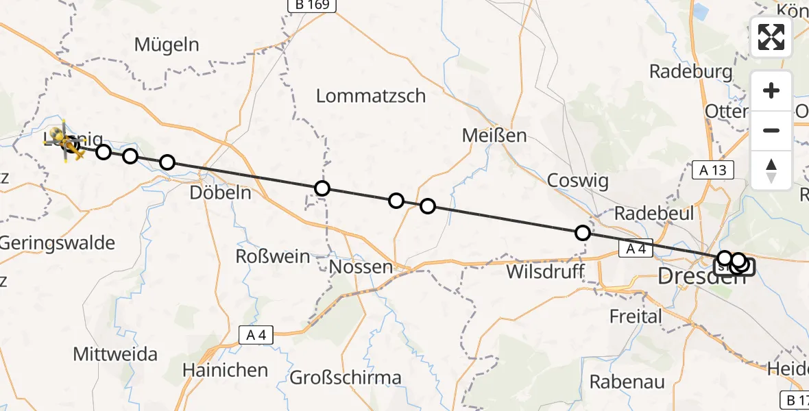 Flugroute Rettungshubschrauber Dresden University Hospital - Helios Clinic Leisnig, 21 Juni 2026, 23:12
