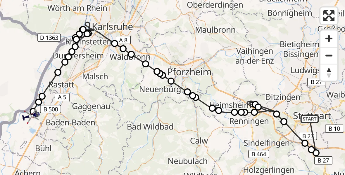 Flugroute Polizeihubschrauber Stuttgart - Karlsruhe Baden-Baden Flughafen, 22 Juni 2026, 00:17