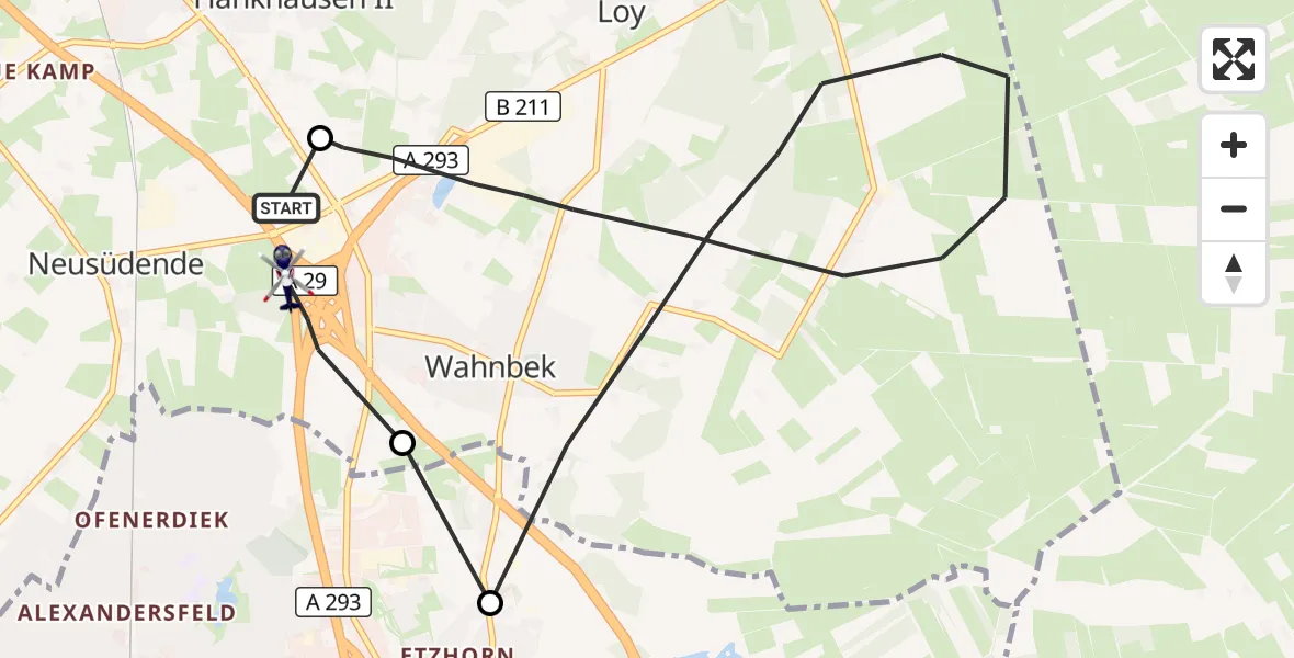 Flugroute Polizeihubschrauber Oldenburg Police Hubschrauberlandeplatz - Rastede, 22 Juni 2026, 01:07