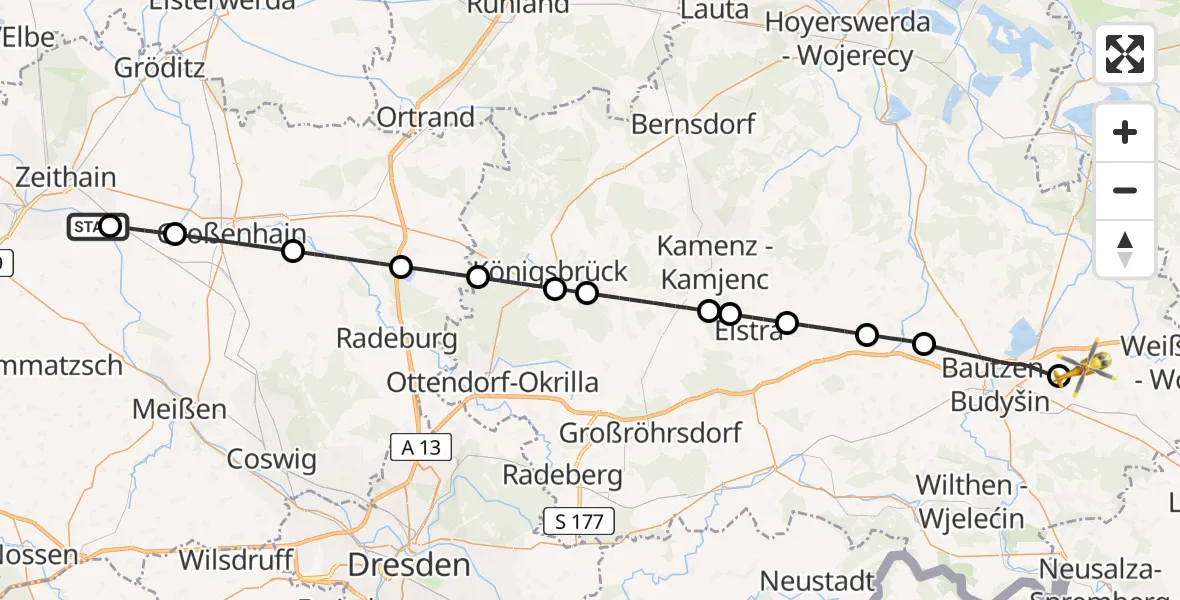 Flugroute Rettungshubschrauber Riesa - Bautzen Flugplatz, 22 Juni 2026, 01:52