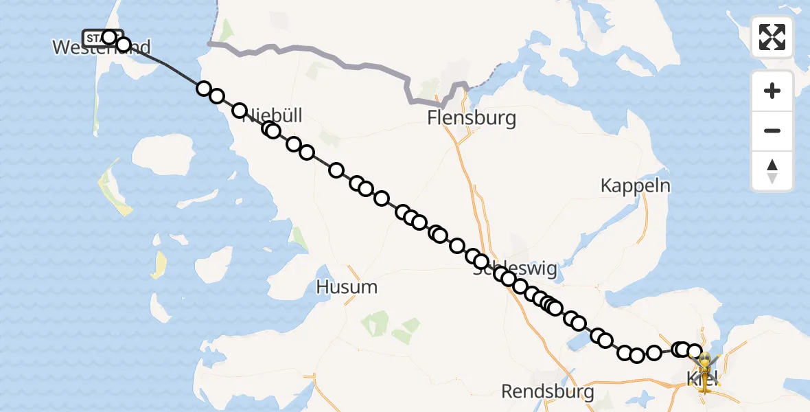 Flugroute Rettungshubschrauber Sylt - Kiel, 22 Juni 2026, 02:51