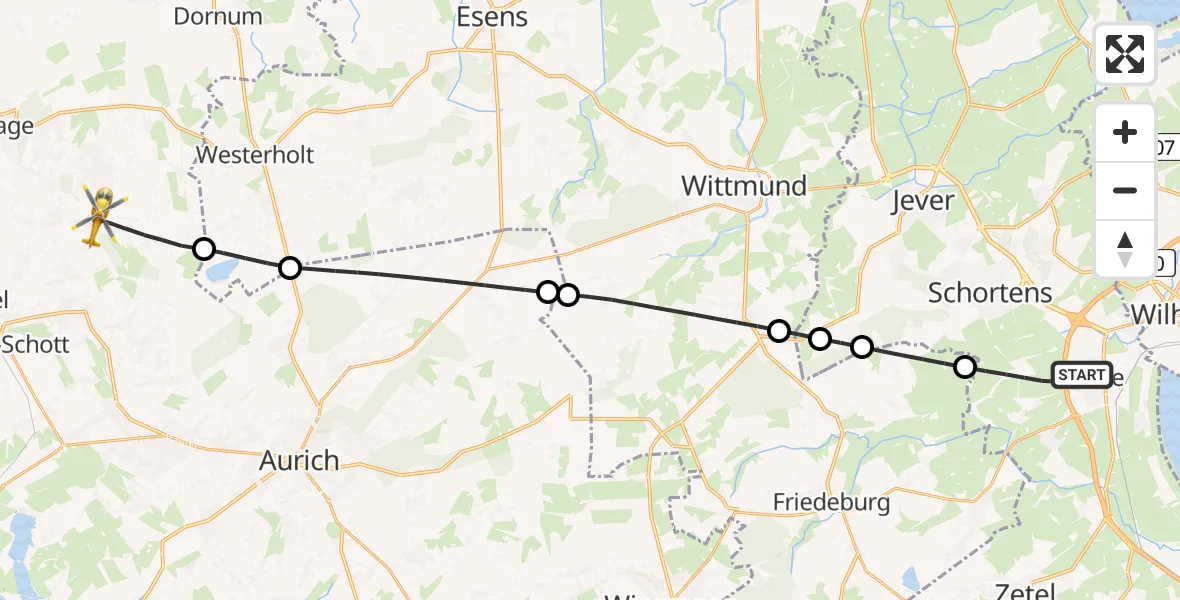 Flugroute Rettungshubschrauber Sande - Großheide, 22 Juni 2026, 03:13