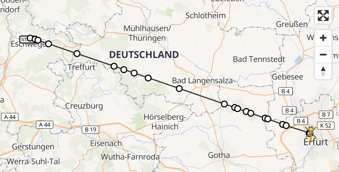 Flugroute Ambulanzhubschrauber Eschwege - Helios Clinic Erfurt, 22 Juni 2026, 03:37