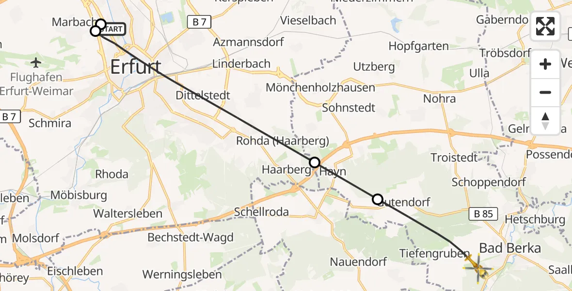 Flugroute Ambulanzhubschrauber Helios Clinic Erfurt - DRF Rettungsstation Bad Berka Hubschrauberlandeplatz, 22 Juni 2026, 04:35