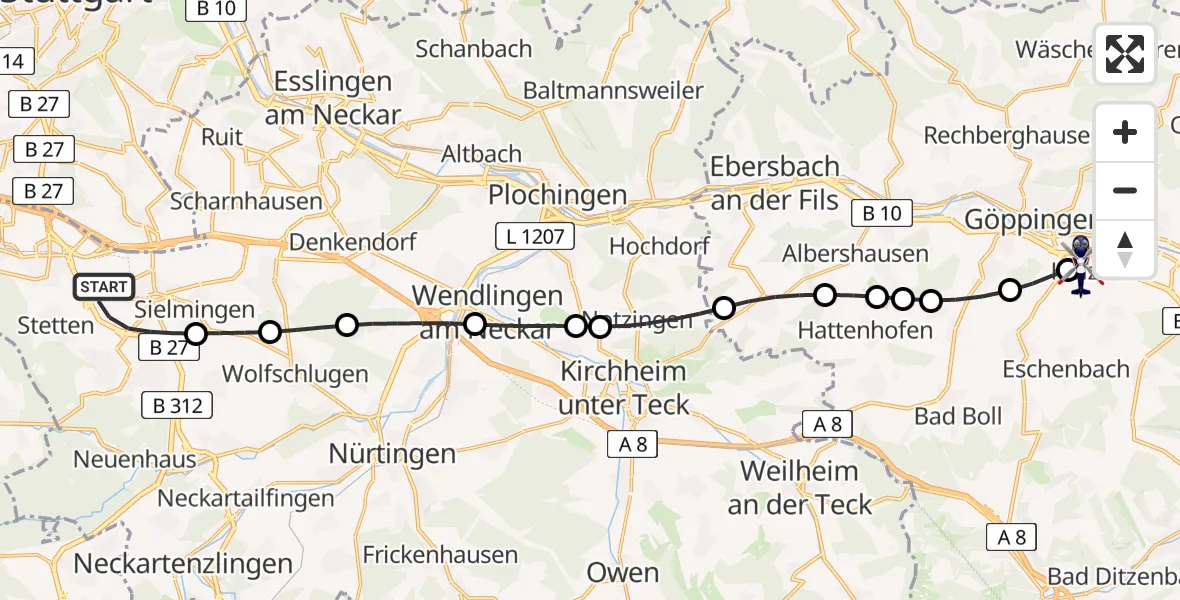 Flugroute Polizeihubschrauber Flughafen Stuttgart - Göppingen, 22 Juni 2026, 04:58