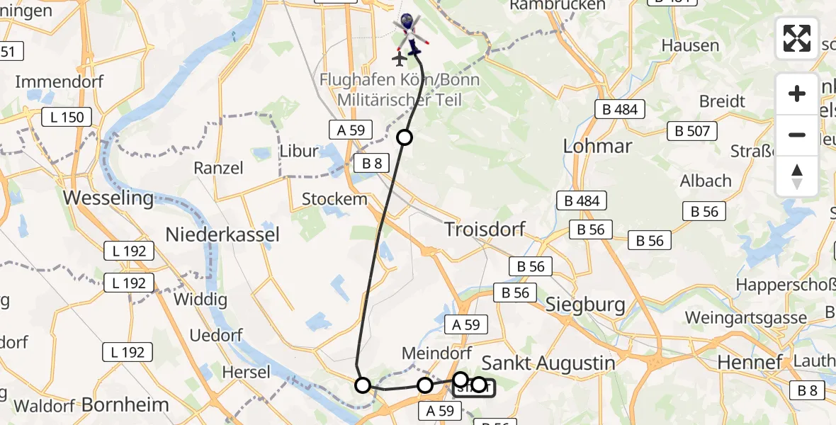 Flugroute Polizeihubschrauber Sankt Augustin - Köln Bonn Flughafen, 22 Juni 2026, 04:59