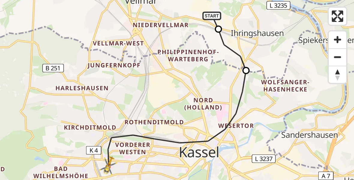 Flugroute Rettungshubschrauber Fuldatal Bundespolizei Hubschrauberlandeplatz - Kassel, 22 Juni 2026, 05:03