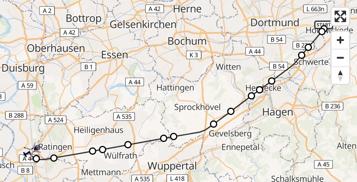 Flugroute Polizeihubschrauber Dortmund Flughafen - Düsseldorf Flughafen, 22 Juni 2026, 05:17