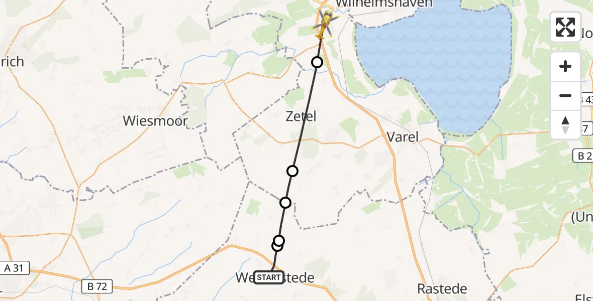 Flugroute Rettungshubschrauber Westerstede - Sande, 22 Juni 2026, 05:22
